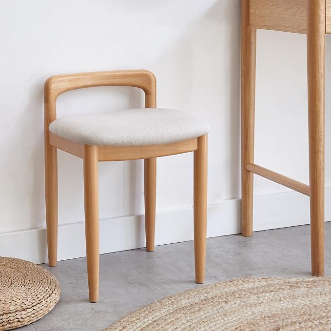 Vanity Stool-Natural Beech Wood Vanity Chair, Wooden Chair for Vanity with Upholstered Cushions for Living Room, Bedroom, White