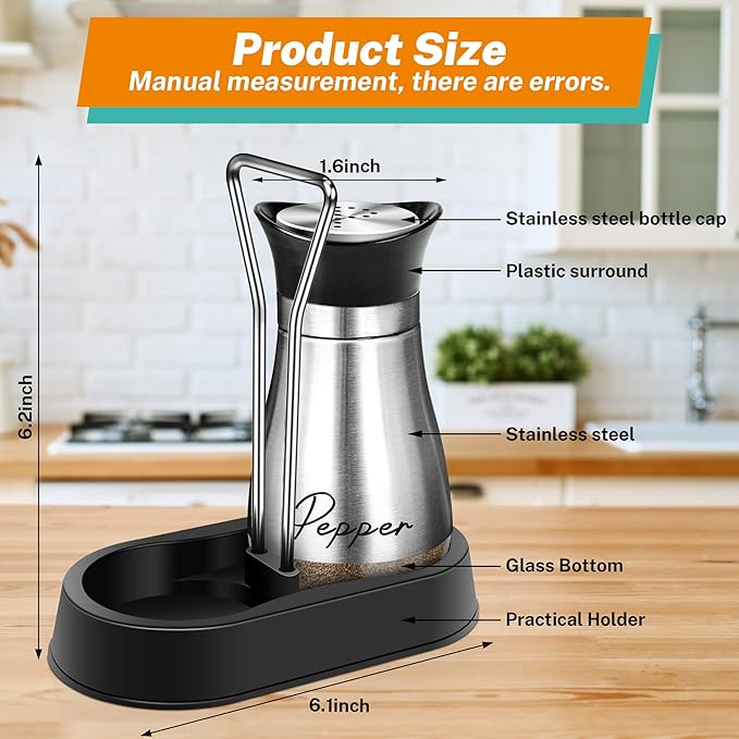 Salt and Pepper Shakers Set with Holder,4 oz Stainless Steel Salt Shaker with Glass Bottom Kitchen Gadgets for Counter Modern Decor Table,RV,Camp,BBQ Refillable Design (Silver)