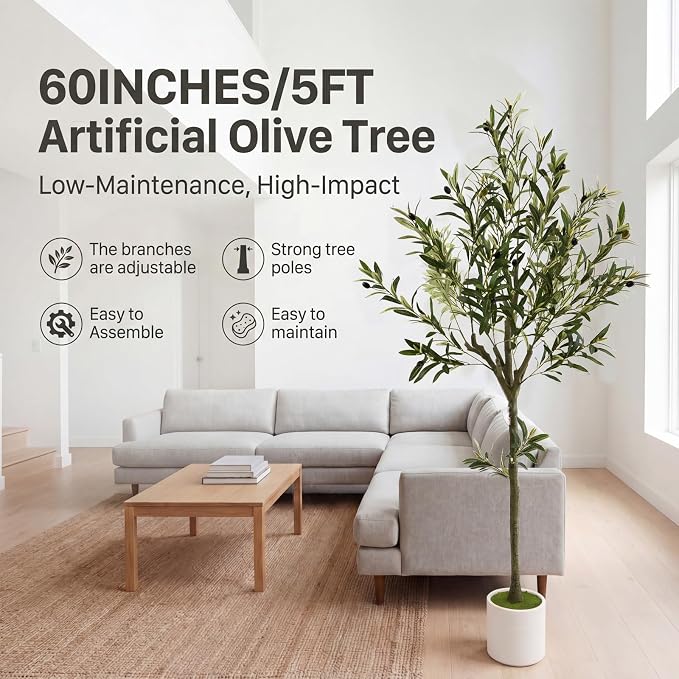 5ft Fake Olive Tree Artificial Indoor,Faux Olive Tree with Pot,Large Olive Branches and Lifelike Fruits,for Home Office House Living Room Decor.