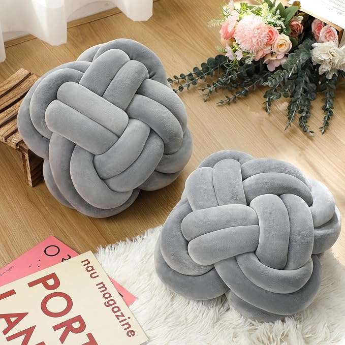 Beeveer 2 Pcs Knot Pillow Balls Set, 12 Inch Soft Decorative Throw Knot Pillow Ball, Large Square Knotted Floor Cushion for Living Room Bedroom Sofa Couch Bed Home Decoration(Light Gray)
