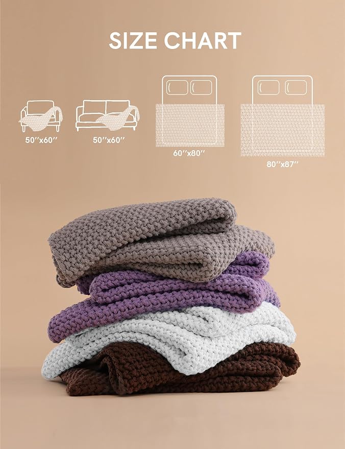YnM Chunky Cotton Knit Throw Blanket, Cable Knit Throws for Bed Couch Sofa, Comfy & Relaxing, Decorative Piece for Farmhouse Modern Boho Rustic Scandinavian Chic Vibe, White 50x60 Inches