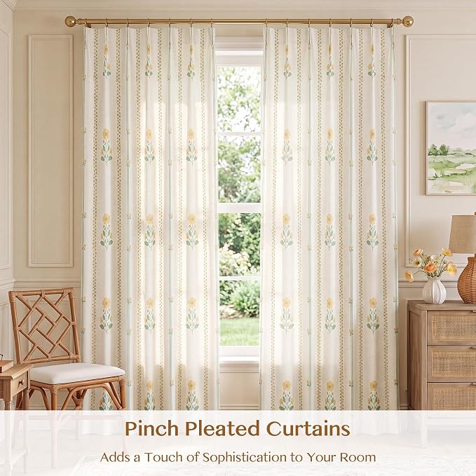 THREE GIRLS Floral Pinch Pleated Light Filtering Curtains 90 Inches - Printed Linen Blend Drapes for Living Room, Bedroom, Dining, Modern Farmhouse with Hooks, 2 Panels Set, 40" W x 90" L Yellow