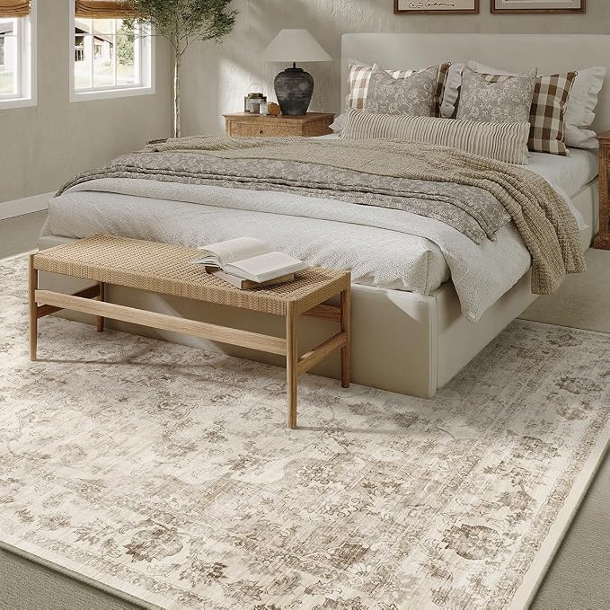 5x8 Washable Neutral Area Rug Beige Vintage Living Room Bedroom Carpet Non-Slip Soft Low Pile Farmhouse Indoor Throw Rug for Dining Room Entryway Office