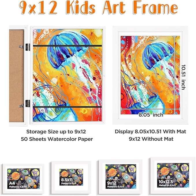 KINLINK 9x12 Kids Art Frame Set of 2, Solid Wood Kids Artwork Frames Changeable with Front Opening Hold 150 Pictures, Art Frames for Kids Art with Mat，without Mat 9x12 Picture Frame White