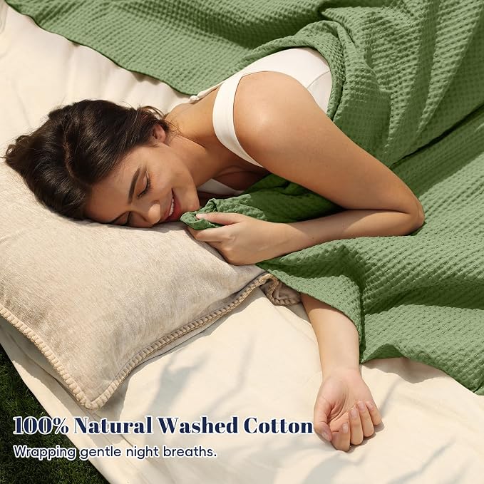 PHF Pre-Washed 100% Cotton Waffle Weave Blanket Twin Size for Bed,Snag Proof Throw Blanket for Couch Spring Summer Lightweight Breathable,Machine Washable, Home Decor Gift - Loden Green
