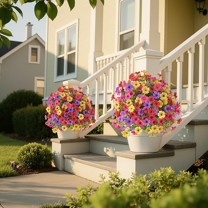 Alupssuc 2Pcs 20" Artificial Topiary Ball Flowers For Outdoors Planters, Spring Decoration with Spike, UV Resistant Faux Summer Plants, Fake Bushes Indoor Decor, Mix 4 Colors for Garden, Porch & Patio