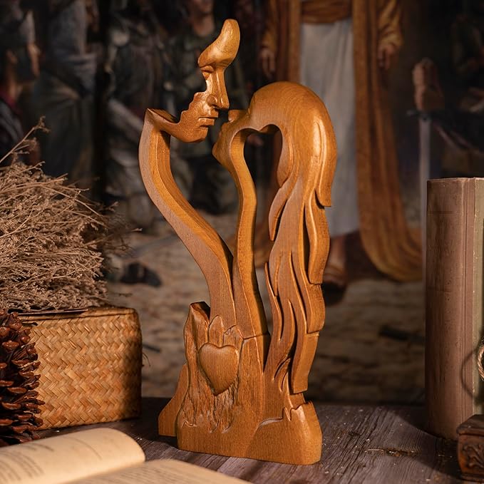 BGCOPPER Wooden Kissing Couple Ornament, Abstract Couple Portrait Sculpture Romantic Love Statue Decor Gift for Women Anniversary Valentine Wedding - 10 Inch