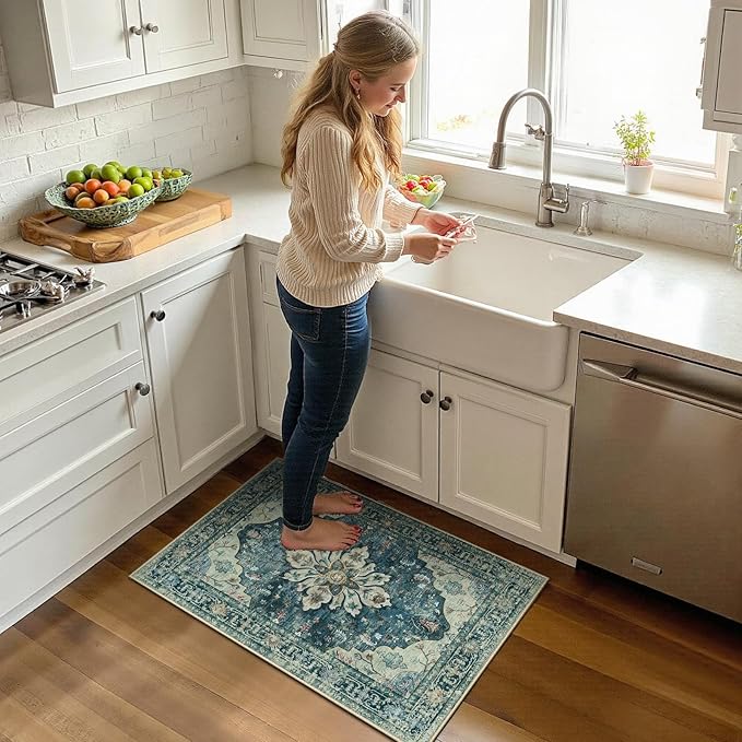 RELEANY Area Rugs 2'x3' Kitchen Rugs Entry Rug Small Rugs for Entryway Kitchen Bathroom Door Mat Indoor Entrance,Washable Non Slip, Dark Blue Vintage