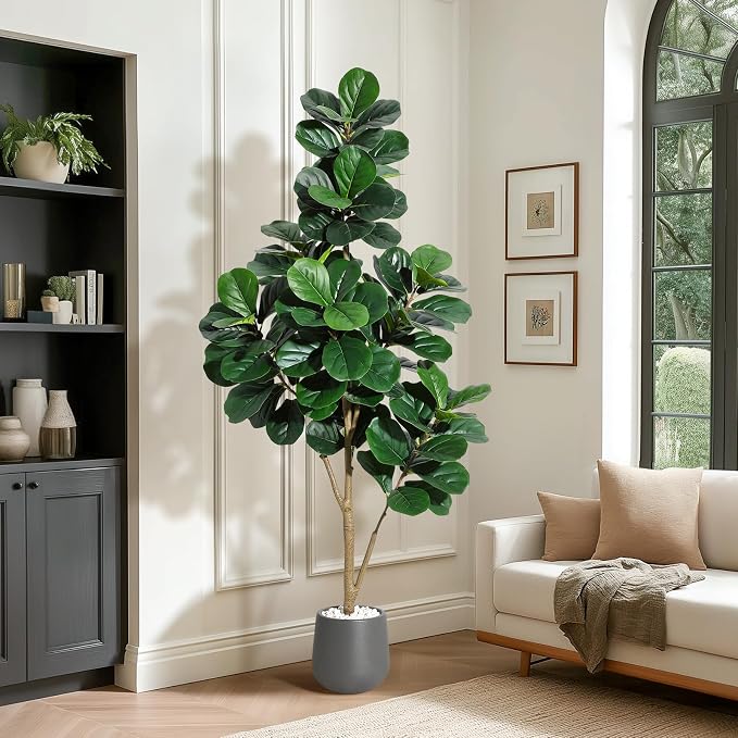 6 ft Fiddle Leaf Fig Tree Artificial with 108 Leaves - Realistic Faux Ficus Lyrata Trees in 9 in Grey Planter Pot, Indoor Fake Floor Plants for Home Office Living Room Decor, Housewarming Gift