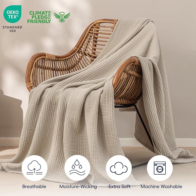 PHF 100% Cotton Muslin Throw XL Blanket Large 50" x 70", 4-Layer Lightweight Gauze Throw, Breathable Cloud-Soft Minimalist Blanket for Bed, Couch, Camping & Baby, Taupe, Ideal Gift