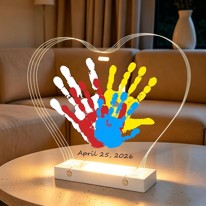 Bixinyo Family Handprint Kit with Light, Baby Hand and Footprint Kit, DIY Craft Keepsake, Family Gifts for Mom, New Parents, Mother's Day, Adoption, Baby Shower Gifts for Boys & Girls (Heart, White)