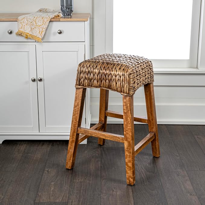 JONATHAN Y Maui Coastal Woven Water Hyacinth Counter Stool, Mango Wood Frame, 26" Backless Counter Stool for Kitchen Island with Integrated Footrest, Fully Assembled, Coastal, Brown Wash CSL1101A