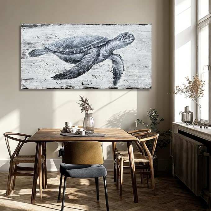 Hue7Art Ocean Inspired Turtle Canvas Wall Art Style Marine Animal Painting, Coastal Theme Artwork for Living Room Bedroom Bathroom Beach Home Decor 24x48 Inch