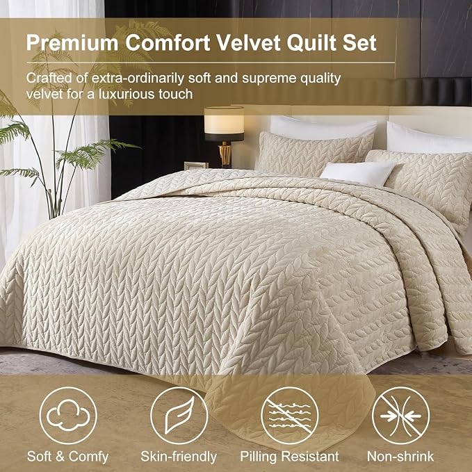Ivellow Luxury Velvet Quilt Set Queen Size Bedding Sets Lightweight Ultra Soft Velvet Comforter Set Leaves Chevron Stitch Oversized Bedspread Coverlet 3 Pcs Full Bed Cover Sets for All Seasons Beige