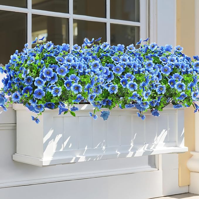 Ouddy Decor 12 Bundles Artificial Flowers for Outdoors Fake Silk Flowers UV Resistant Faux Plastic Plants for Spring Summer Garden Porch Window Box Table Vase Home Indoor Outdoor Decoration, Blue