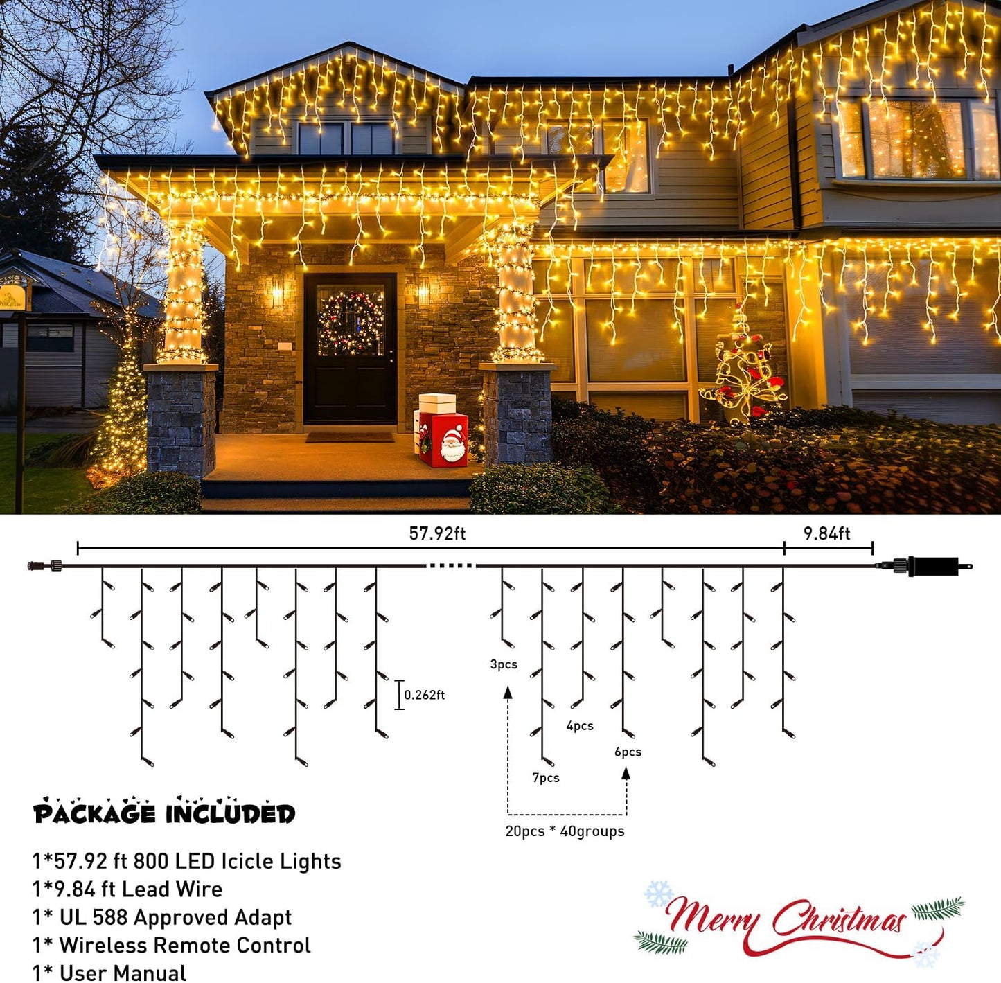JMEXSUSS Christmas Icicle Lights for Outside-800 LED Warm White Icicle Lights Outdoor Waterproof, Warm White Christmas String Light for House Wedding Party Christmas Decoration