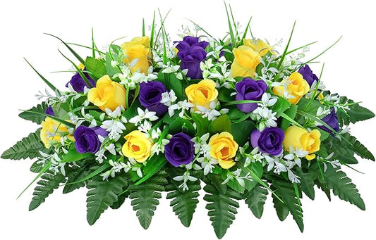 LVXINLI Artificial Cemetery Flowers Saddle-Shaped Tombstone Decorations Non-Fading UV-Resistant（ Yellow+Purple Saddle）