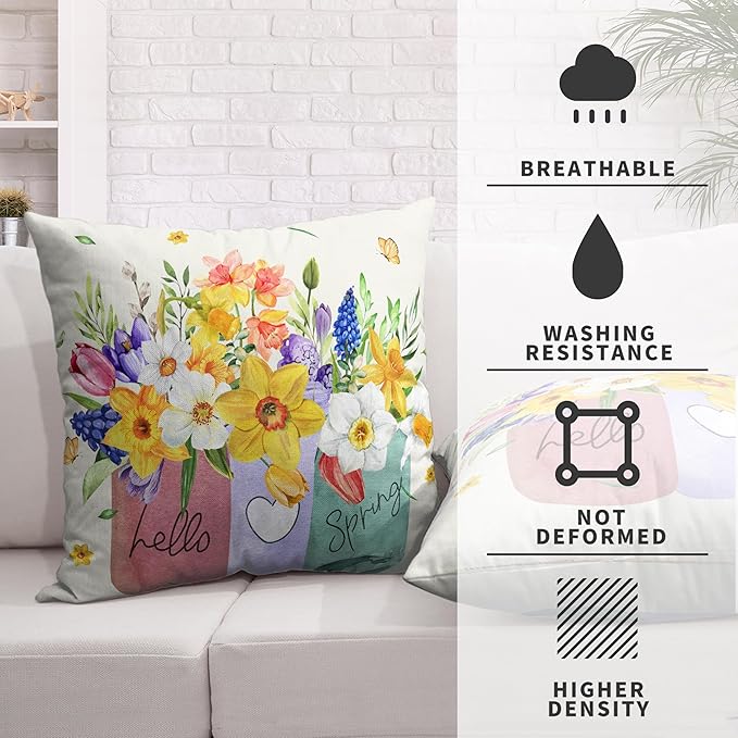 Spring Throw Pillow Covers 18x18 Set of 2 Daffodils Flower Pillow Covers Floral Vase Outdoor Pillowcase Watercolor Cotton Linen Cushion Case for Sofa Outdoor Patio