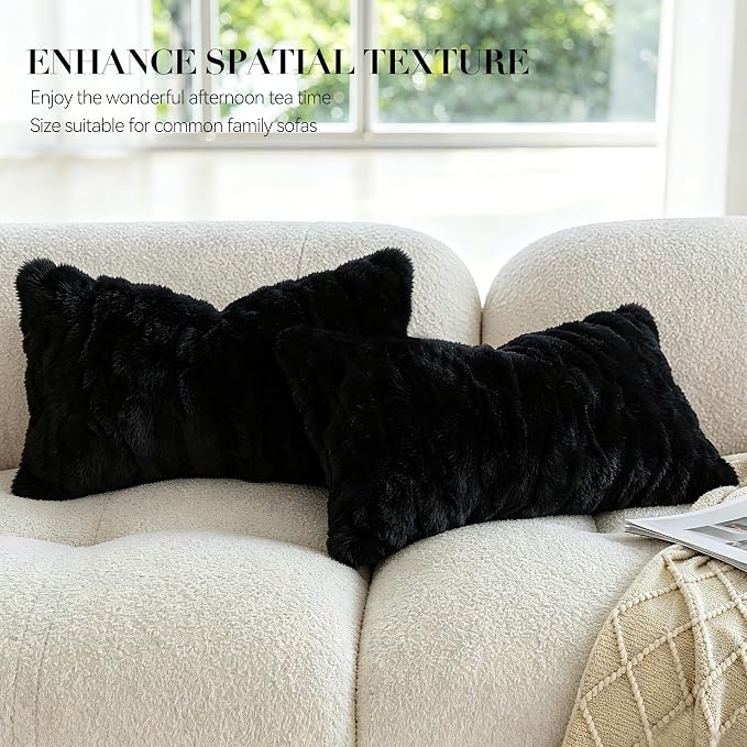MOOX Rabbit Fur Pillow Covers Set of 2 Fur Throw Lumbar Decorative Pillow Fuzzy Soft Fluffy Genuine Animal Skin 12"x20" Sofa Couch Bed Cover, Black