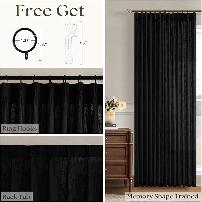 Black Linen Curtains Pinch Pleated 90 Inches Long for Living Room Bedroom Pleat with Hooks Rings Back Tab Semi Sheer Curtains 90 Inch Length Light Filtering Farmhouse Rustic Drape 1 Panel W50xL90