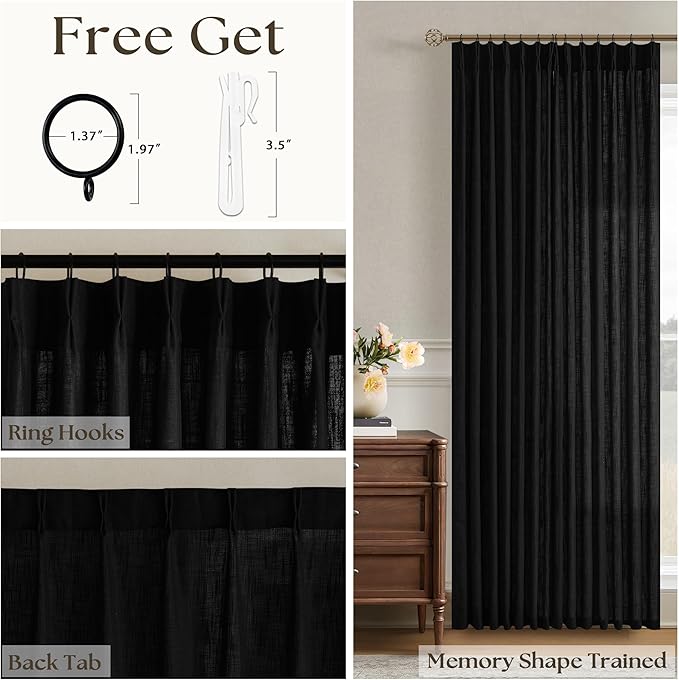 Black Pinch Pleated Linen 108 Inch Curtains 70 Inch Width for Living Room Divider Light Filtering Semi Sheer Extra Wide Patio Curtains Modern Neutral Sliding Door Floor Ceiling Window 70x108 1 Panel