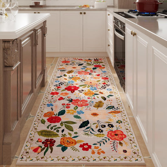 Runner Rug for Hallways Kitchen Rug Non Slip 2'6''x8' Washable Rugs with Rubber Backing Soft Floral Carpet Runner for Hallways, Kitchen, Laundry, Bedroom, Bathroom(Beige)
