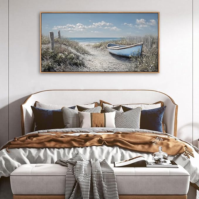 Coastal Wall Art for Living Room Vintage Boat Artwork for Walls, Framed Landscape Canvas Wall Art Blue Ocean Beach Pictures, Farmhouse Sailboat Bedroom Decor Above Bed 20×40IN