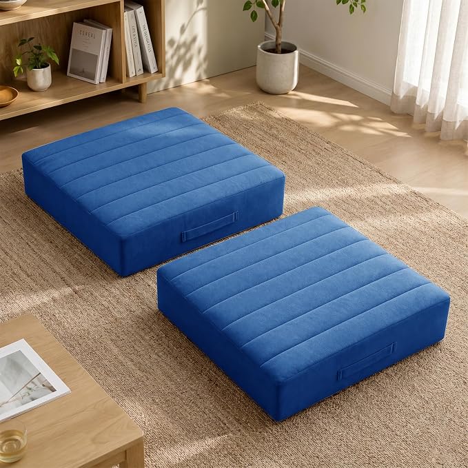 JKMAX 2 Pcs High Density Foam Floor Pillow - Upgraded Large Pillows Seating for Adults - Outdoor Floor Cushion with Soft Tufted Cover - Yoga Pillows for Sitting On Floor - 22 Inch Navy Blue