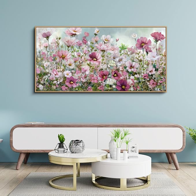 yiijeah Wall Art for Living Room Fower Bedroom Floral Canvas Framed Prints Pictures Colorful Wall Decor Watercolor Large Nature Wildflower Paintings 58x29 Inches