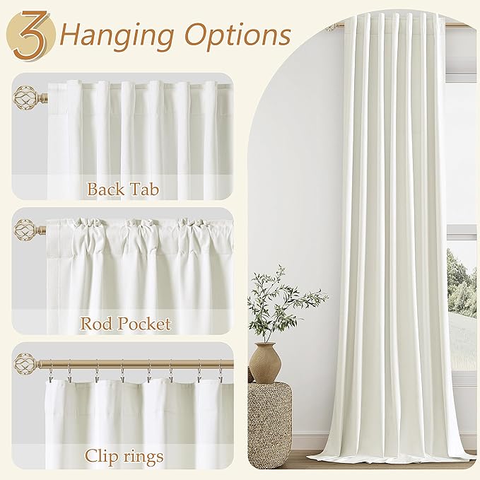 Ivory 100% Blackout Linen Curtains 144 Inch Length 2 Panels Set for Living Room Bedroom Back Tab Thermal Insulated Black Out Drapes Room Darkening Farmhouse Style for Bedroom Window Curtains 52x144