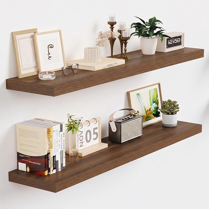 Vivelove Walnut Floating Shelves 36 Inches Long, Wall Display Shelves with Invisible Brackets, for Bathroom Living Room Kitchen Bedroom Office Farmhouse Home Decor, 36x9.3X 1.5 - Set of 2, Walnut