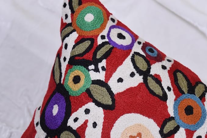 Red Tree of Life Throw Pillow Cover Karla Gerard Floral Pillowcase Reds Flower Pillowsham Floral Chair Cushion Kids Room Hand Embroidered Wool 18x18 Inch