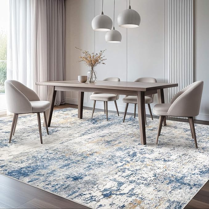DMOYEST Area Rug Living Room Rugs - 9x12 Abstract Large Soft Indoor Washable Rug Neutral Modern Low Pile Carpet for Bedroom Dining Room Farmhouse Home Office - Blue