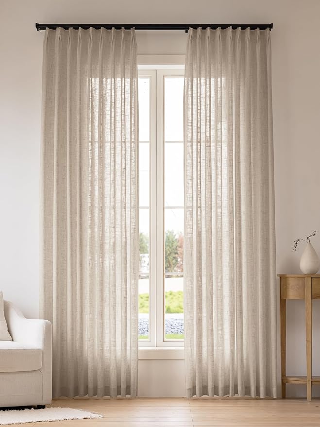 Liz Pinch Pleated Linen Curtains Light Filtering Curtains for Living Room, Farmhouse Window Curtains for Bedroom, Modern Drapes with Hooks and Rings, 108 Inches Long, Burlywood Birch, 2 Panels Set
