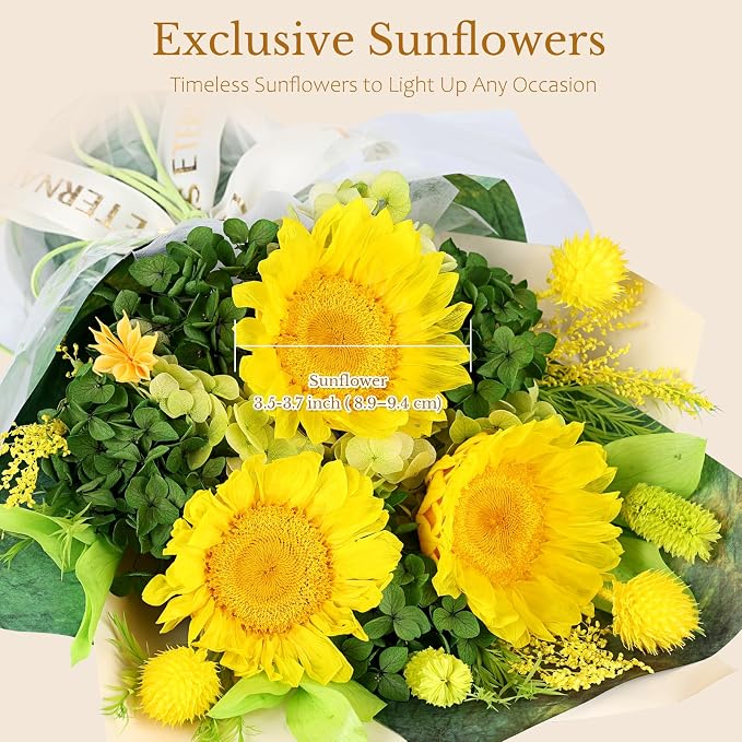 Forever Flowers for Delivery - Preserved Sunflower Bouquet with Gift Box & Greeting Card, Real Eternal Flowers, Gifts for Women, Mom, Mother's Day, Birthday, Anniversary, Graduation