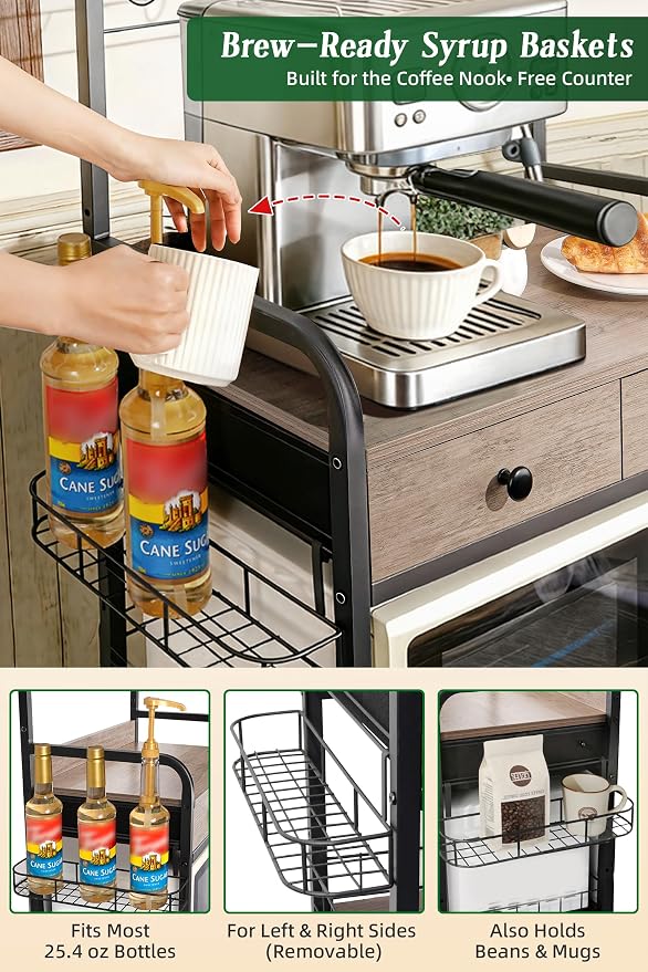 Coffee Bar Cabinet with Storage, Coffee Cart with Wheels, Coffee Station with Coffee Bar Sign and Mug Hook, Corner Coffee Bar Table with Drawer, Bakers Rack for Kitchen Dining Room Living Room Nook