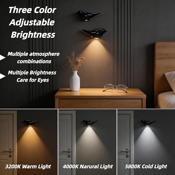 Cute Bird Night Light: Motion Sensor Lights Indoor - Magnetic Mounting & 3 Color Dimmable - One Charge Three Weeks of Worry-Free Use - 4-Pack Set (Obsidian)