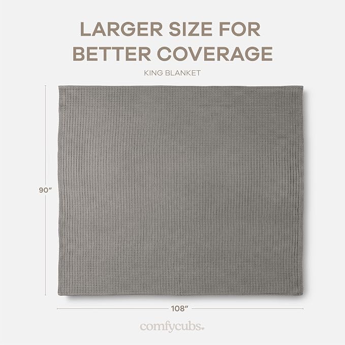Comfy Cubs Waffle Blanket King, 108" x 90" - 100% Cotton Lightweight Breathable Bed Blanket - Soft Textured Thermal Weave for All Seasons – Decorative Cozy Layer for Couch, Sofa, or Bed - Charcoal