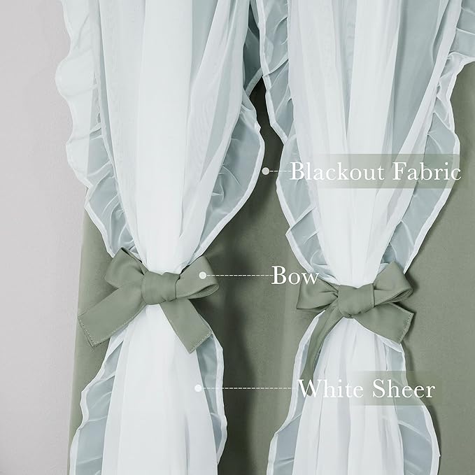 PONY DANCE Blackout Curtains for Whimsical Forest Teen Room, Double Layer Drapes Ruffle Sheer Overlay Farmhouse Rustic Design, W 52 x L 84 Inches, Sage Green, 2 Panels