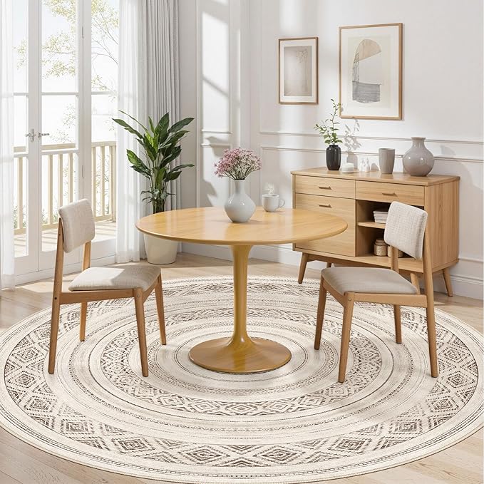 cotiled 8x8 Round Area Rug Living Room: Washable Boho Rugs with Non Slip Backing Large Soft Indoor Stain Resistant Carpet for Bedroom Farmhouse Dining Room Lightweight Home Decor Dark Brown