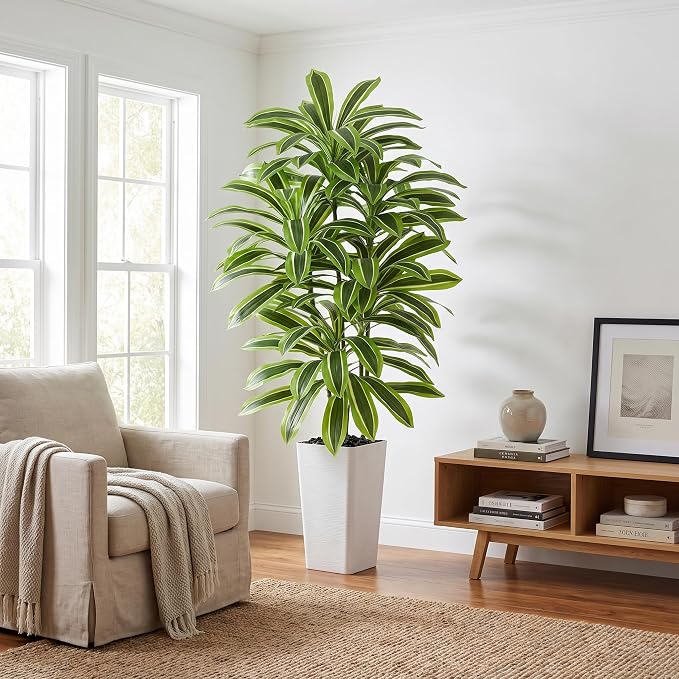 Artificial Yellow Dracaena Tree - 6FT Tall Fake Plants with White Tall Planter - Artificial Plants Indoor Floor Plant in Pot - Large Tropical Fake Yucca Potted Tree for Home Office Living Room Decor