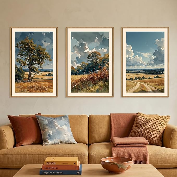 KAIRNE Nature Landscape Framed Canvas Wall Art Set,Watercolor Countryside Forest Wall Decor,Blue Green Scenery Art Prints,Rustic Wilderness Artwork for Living Room,Bedroom,Farmhouse,Office-24 x36 x3