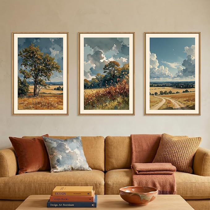 KAIRNE Nature Landscape Framed Canvas Wall Art Set,Watercolor Countryside Forest Wall Decor,Blue Green Scenery Art Prints,Rustic Wilderness Artwork for Living Room,Bedroom,Farmhouse,Office-16 x24 x3