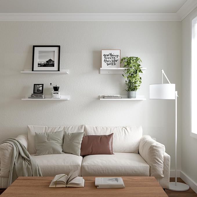 WOPITUES Floating Shelves, Wall Mounted Shelves for Room Decor, Modern Display Shelf for Bedroom, Sturdy Bathroom Storage Shelves, Book Shelves for Living Room, White Small Corner Shelves, Set of 4