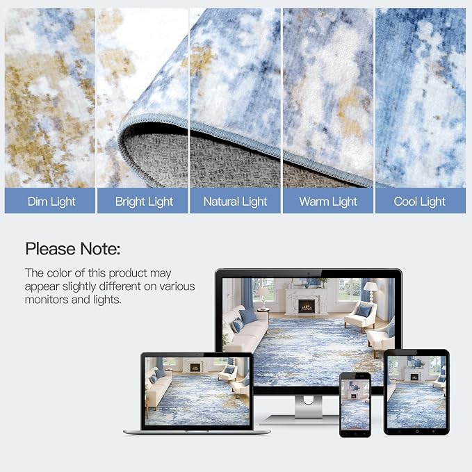 Lofus 9x12 Area Rug for Living Room, Abstract Large Rugs with Non-Slip Backing, Neutral Modern Washable Carpet for Bedroom Dining Room Home Office Nursery Indoor,Light Blue/Brown