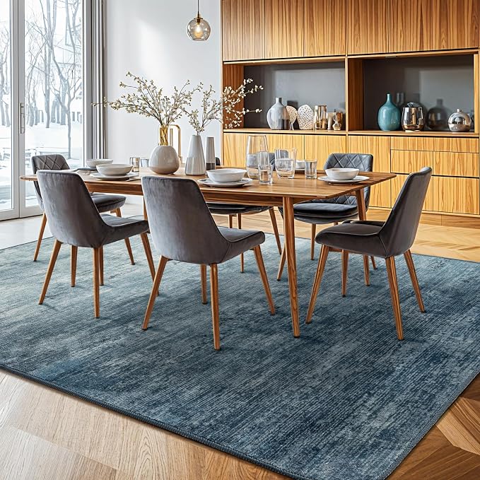 10x14 Washable Area Rug, Blue Solid Area Rugs for Living Room & Bedroom | Stain-resistant & Non-slip backing,Low Pile Washable Large Carpet, Solid Vintage Style For High Traffic Areas(10x14,Blue)