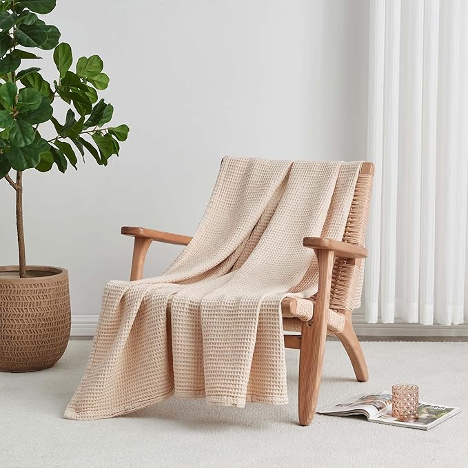 100% Cotton Taupe Blanket Twin Size for Bed - Breathable and Soft, Waffle Weave for Summer Spring, 90x66 Inches