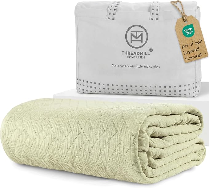 Threadmill Luxury Cotton Blankets for King Size Bed | All-Season Cozy 100% Cotton King Blanket | Criss Cross Soft & Lightweight Coverlet fits California King Size Bed, 104x92 | Sage Green