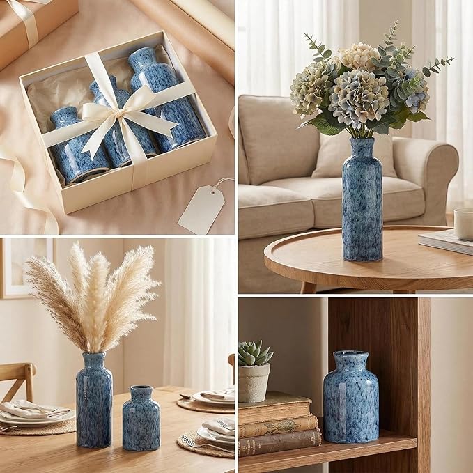 CwlwGO-Blue Ceramic Vases Set,Small Vase Sets,Farmhouse Country Vases Home Decor,Living Room Table Decoration,Shelf Decor,and Entrance Decoration Centerpieces.
