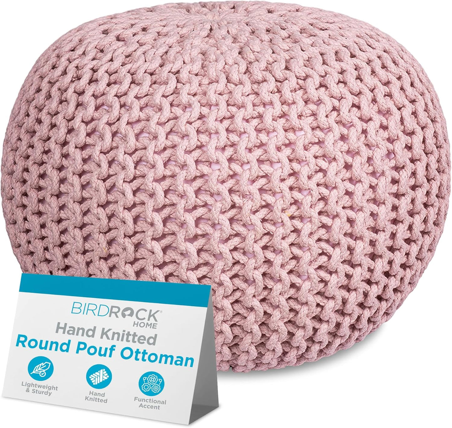 BIRDROCK HOME Round Pouf Ottoman | Cotton Braided Foot Stool with Bean Bag Filling | Boho Foot Rest for Living Room & Bedroom | Compact & Comfortable Seating, Lightweight & Soft | Dusty Rose